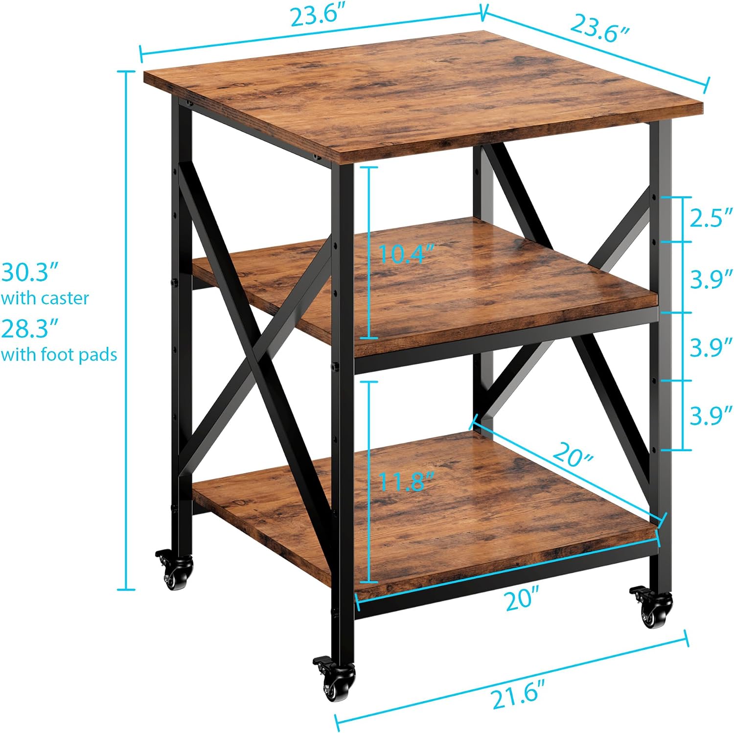 3 Tier Printer Stand, Large Table with Wheels, Rolling Cart with Height Adjustable Middle Storage Shelf, 23.6 x 23.6 x 30.3 Inches Shelf for Home Office, Vintage Brown