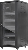 Intellinet 27U Network Server Rack Enclosure Cabinet with Integrated Fans – IP20 Rated, Reversible Tempered-Glass Front Door, Removable Side Panels – 3 Yr Mfg Warranty