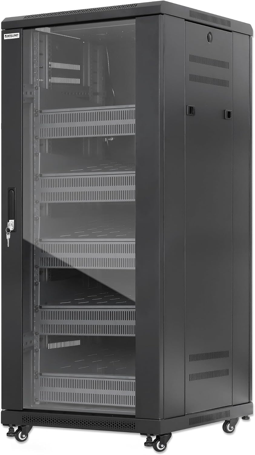 Intellinet 27U Network Server Rack Enclosure Cabinet with Integrated Fans – IP20 Rated, Reversible Tempered-Glass Front Door, Removable Side Panels – 3 Yr Mfg Warranty