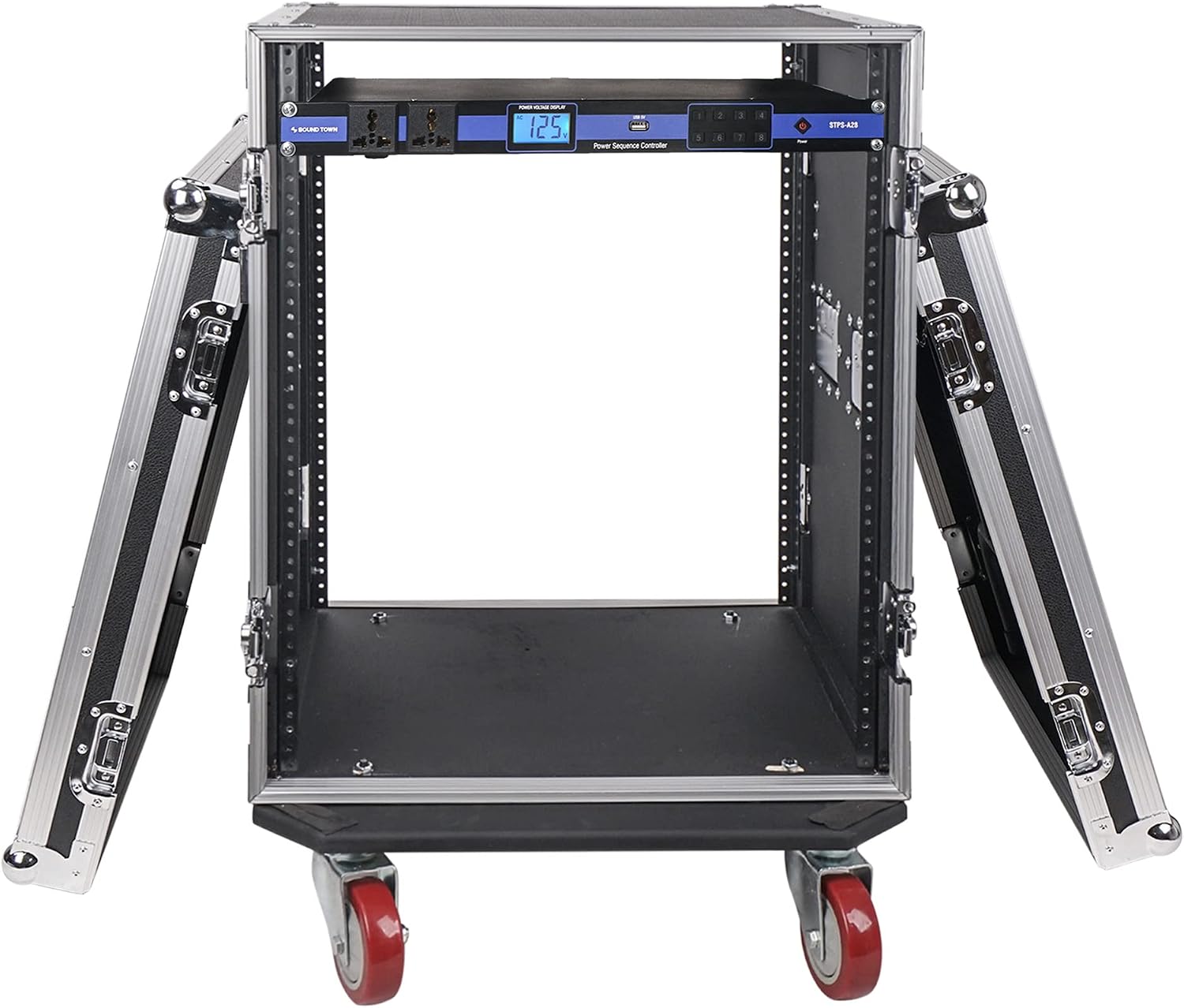 Sound Town PA DJ Combo with Heavy-Duty 1/2' (12mm) Plywood 14U Rack/Road ATA Case w/DJ Work Table, One 10 Outlet AC Power Conditioner/Sequencer (STRC-14TPSA28)