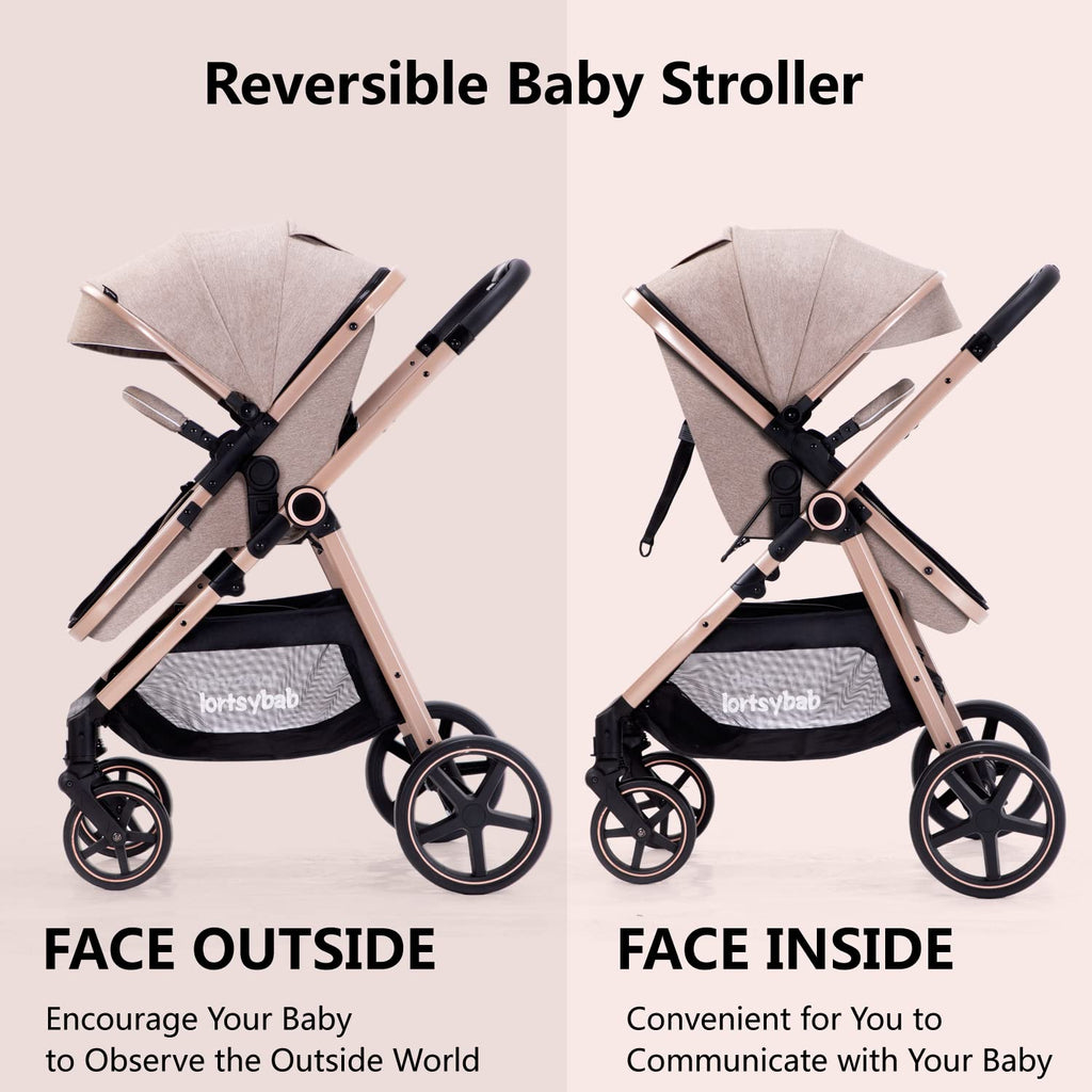 Lortsybab 2-in-1 Baby Stroller - Folding Infant Newborn Pram Stroller with Reversible Seat - Toddler Strollers for 0-36 Months Old Babies (Beige)