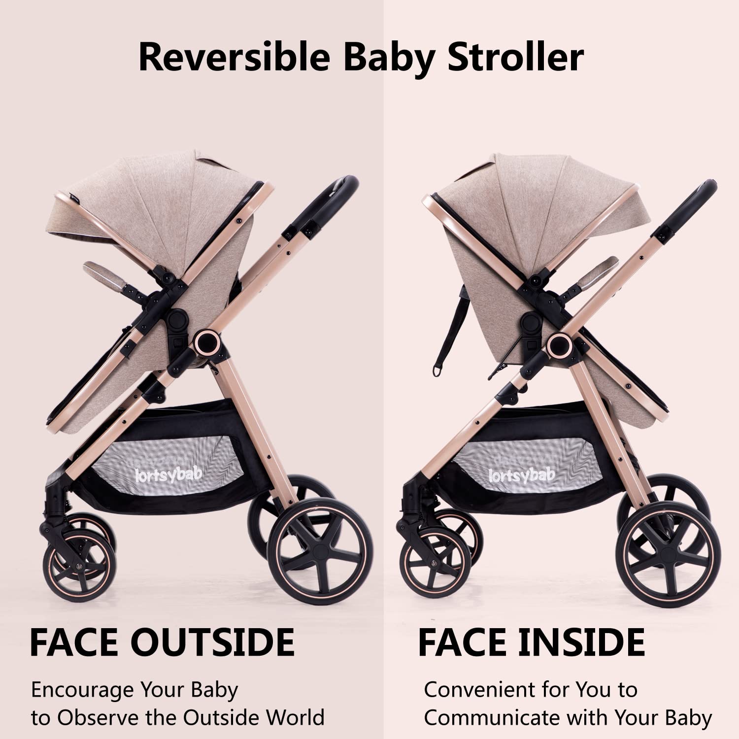 Lortsybab 2-in-1 Baby Stroller - Folding Infant Newborn Pram Stroller with Reversible Seat - Toddler Strollers for 0-36 Months Old Babies (Beige)