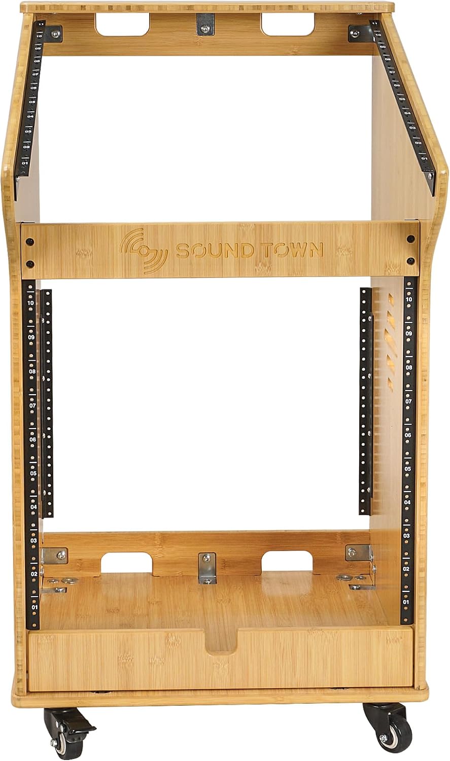 Sound Town DIY Solid Carbonized Bamboo Studio Rack with 11U Slant Mixer Top, 10U Front Rack, 2U Bottom Storage, Casters, Rubber Feet, for Recording Room, PA/DJ Equipment, Home-Audio (STBR-M11X12)