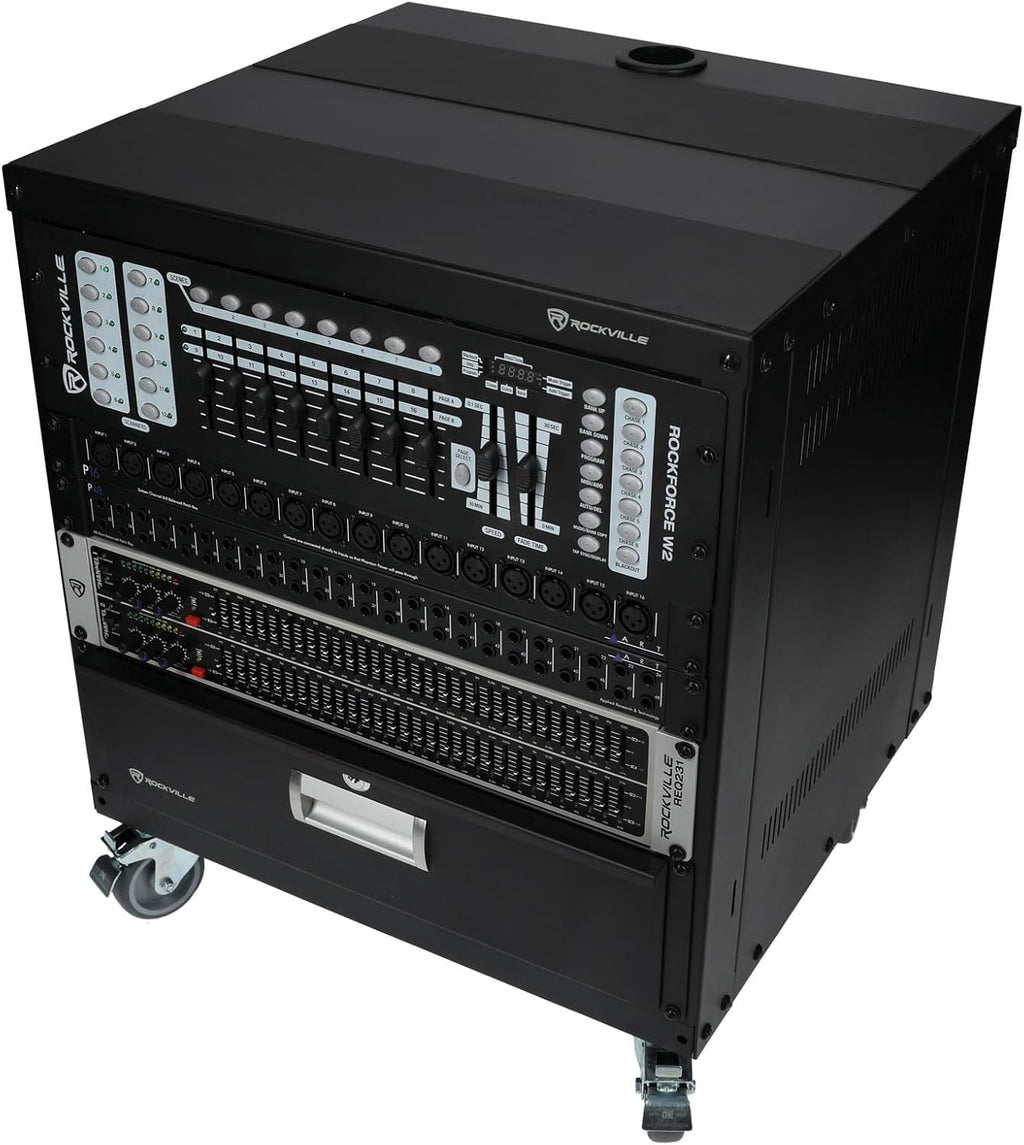 Rockville RR10U 10U Live Sound/Recording Studio Rack Case with Wheels, Reversible Rack Rails, Front & Rear Mounting, Cable Management Ports, 440lb Capacity