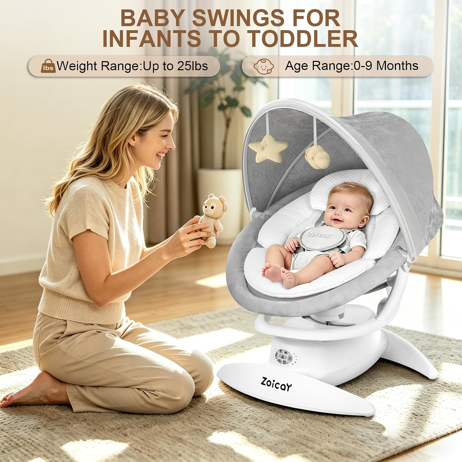 3-in-1 Baby Swing for Infants with Motion Detection, Infant Swing with 5 Speeds & 3 Swing Modes, 12 Melodies, Electric Swing for Baby, Up to 25 lbs, White