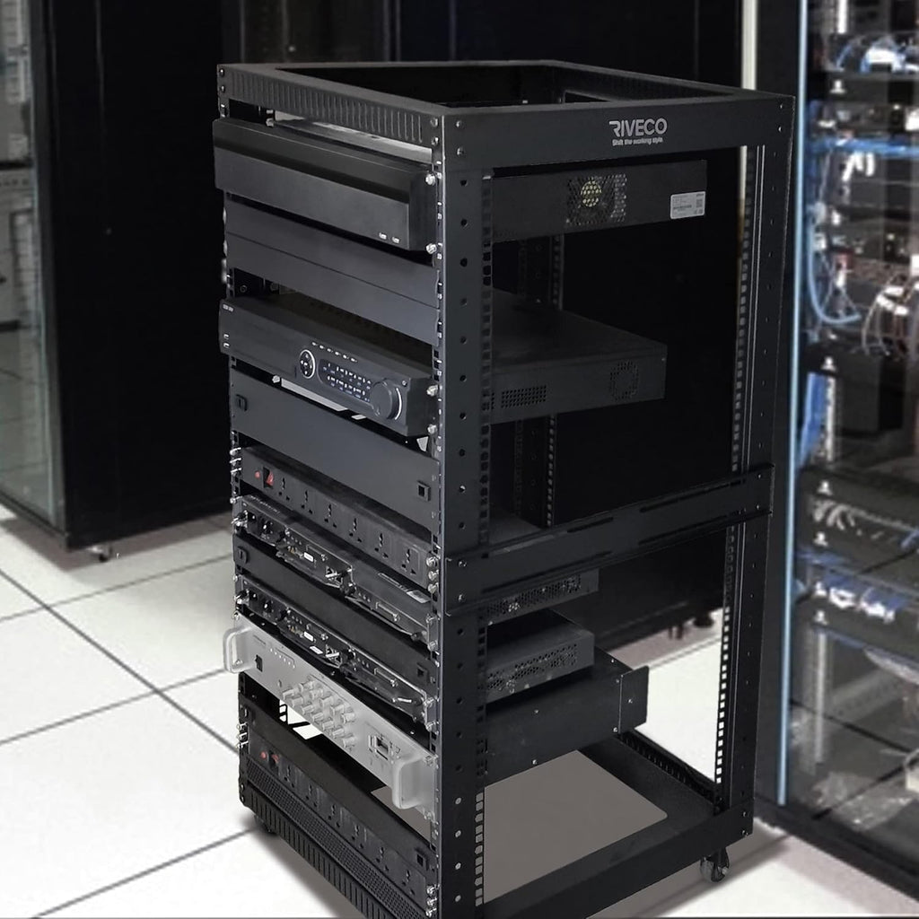 RIVECO 22U Open Frame Server Rack with Wheels- Heavy Duty 4 Post Quick Assembly 19-inch, Stereo Rack Rolling Network Shelf Black