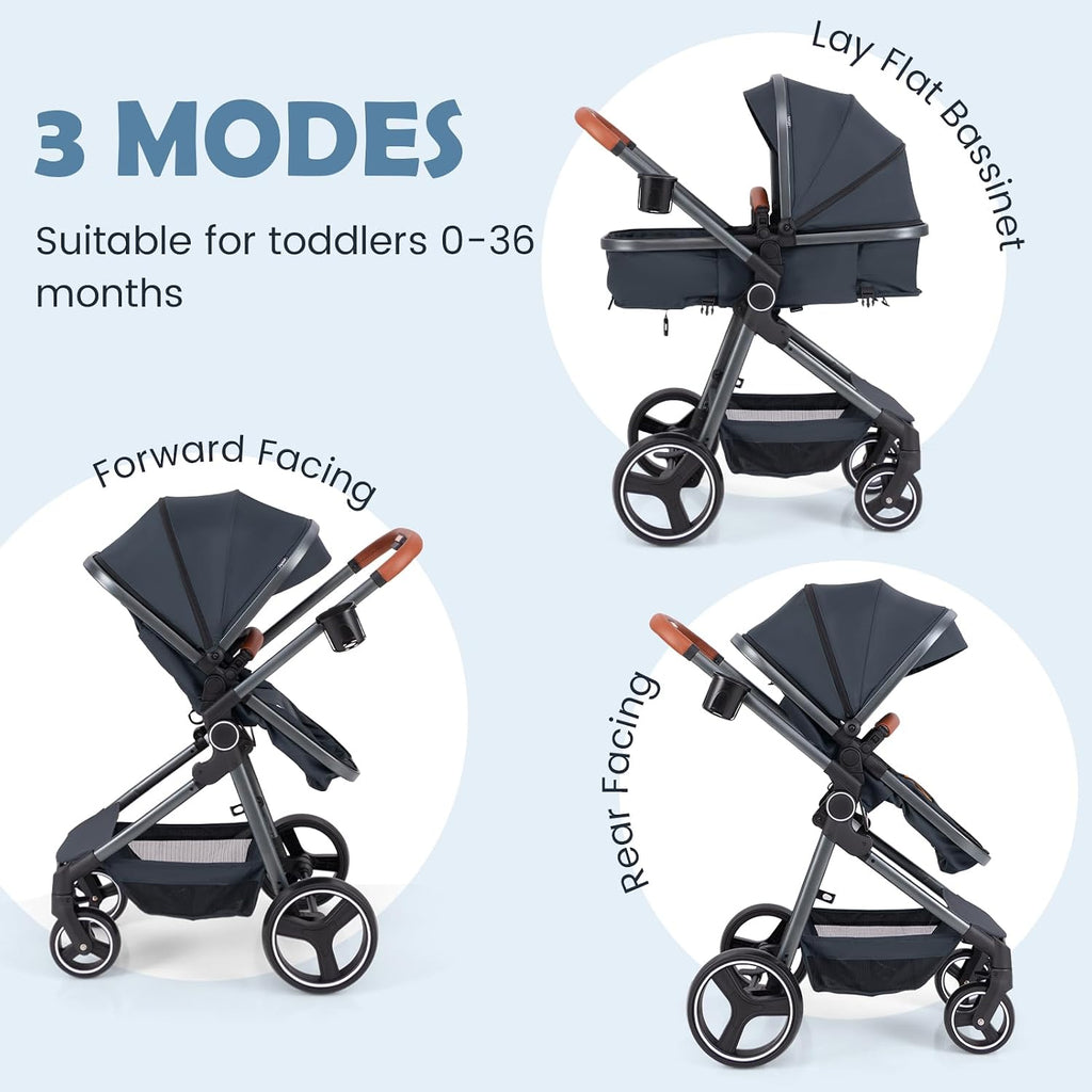 INFANS 2 in 1 Baby Stroller, Newborn Convertible Stroller Bassinet for Infant, Foldable High Landscape Shock Absorption with Reversible Seat, Aluminum Structure for Toddler Pushchair 0-36 Month