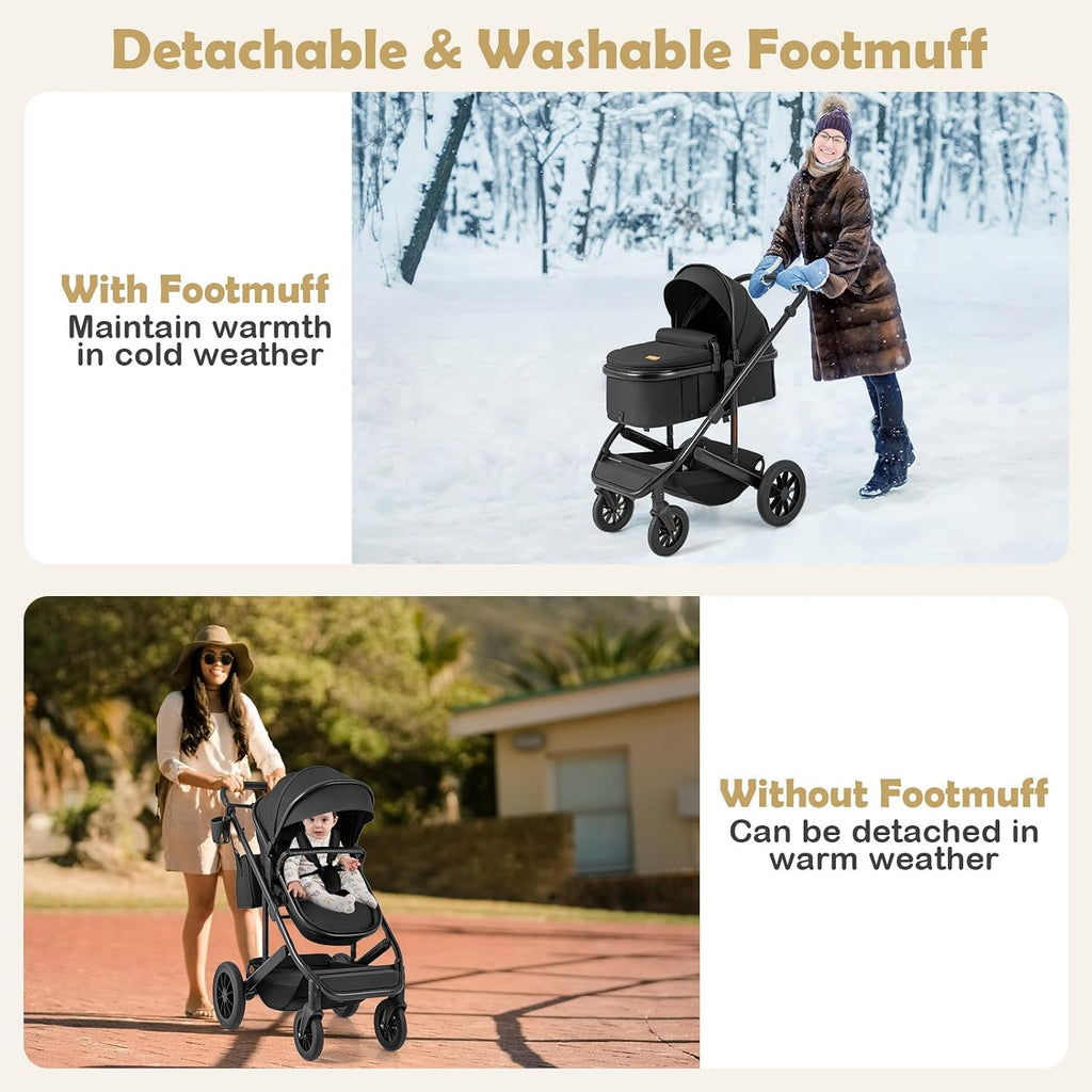 BABY JOY 2 in 1 Convertible Baby Stroller, High Landscape with Bassinet Mode, Reversible Seat, Adjustable Canopy, Cup Holder, Diaper Bag, Foldable Infant Newborn Pram Stroller for 0-36 Months (Black)