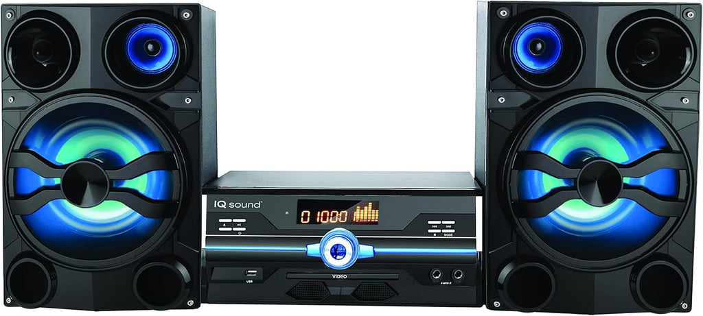 IQ Sound IQ-9000BT Premium 160W Hi-Fi Audio System with Bluetooth, DVD/CD/MP3/WMA Compatible, USB, FM Radio, LED Display, Speaker Lights, Remote Control, 2 Microphone Inputs, AV Output, AUX Input