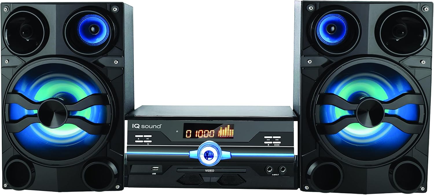 IQ Sound IQ-9000BT Premium 160W Hi-Fi Audio System with Bluetooth, DVD/CD/MP3/WMA Compatible, USB, FM Radio, LED Display, Speaker Lights, Remote Control, 2 Microphone Inputs, AV Output, AUX Input