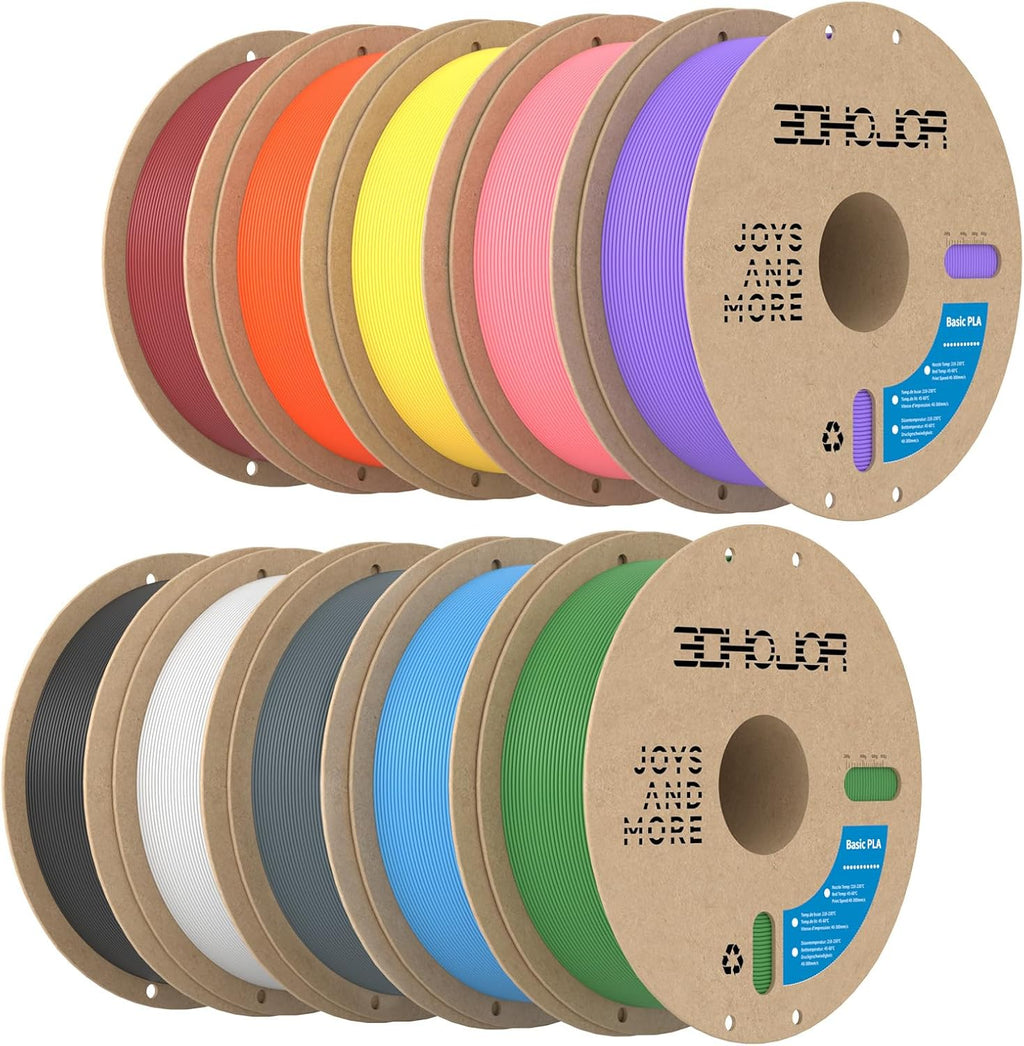 3DHoJor Basic PLA 3D Printer Filament Bundle,10KG PLA Filament 1.75mm, 3D Filament 1KG Spool, 10 Pack,Black+White+Fire Engine Red+Green+Light Blue+Orange+Grape Purple+Yellow+Light Grey+Barbie Pink