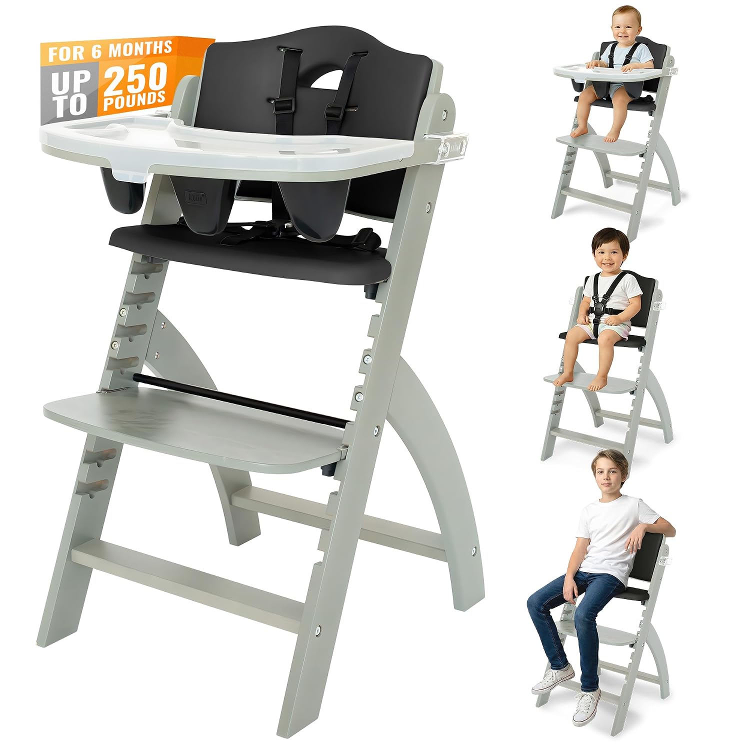 Abiie Beyond Junior Wooden High Chair for Babies and Toddlers - Convertible 3-in-1 Baby Highchair with Removable Tray - 6 Months to 250 Lb - Water Resistant - Misty Grey Wood/Black Pearl Cushion