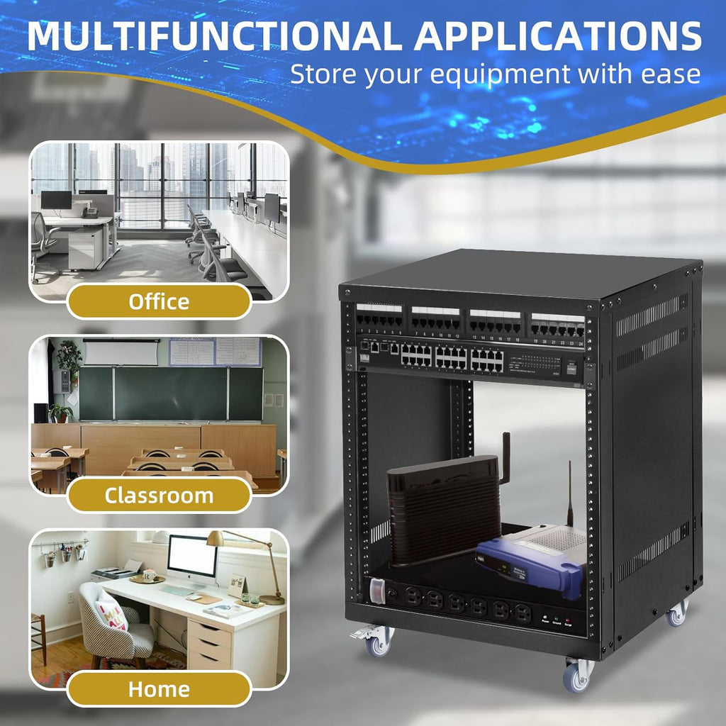 12U Rack with Caster Wheels, Heavy-Duty AV Rack with Adjustable Steel Shelf, Open Frame Server Rack for IT, AV, Data & Computer Equipment, 500lb Capacity, 19.7' W x 17.7' D x 26.8' H