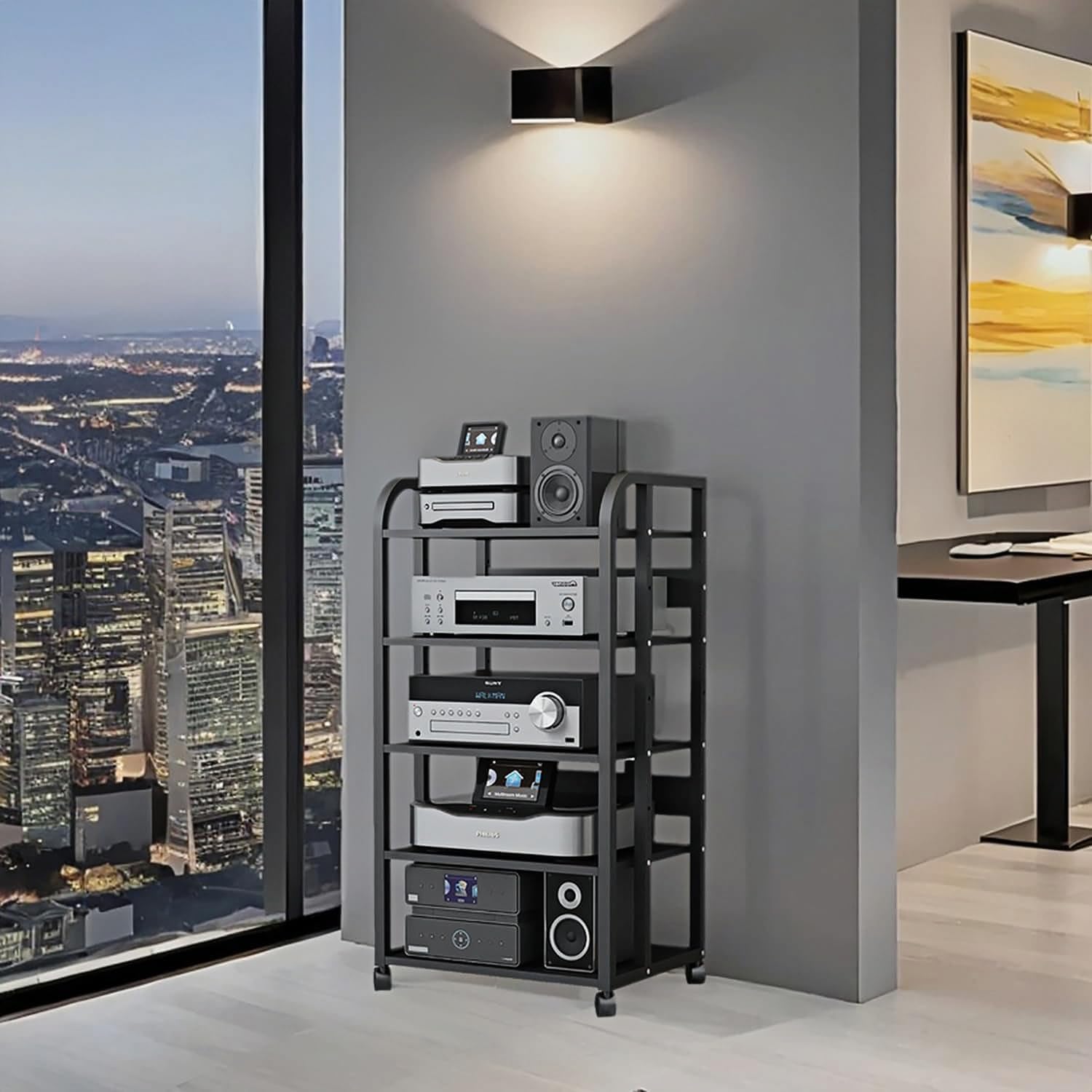 5-Tier AV Media Stand with Wheels, Audio-Video Shelving Adjustable, Modern Stereo Cabinet Receiver Console Shelf, Audio Component Rack for Home/Office/Theater, Blcak