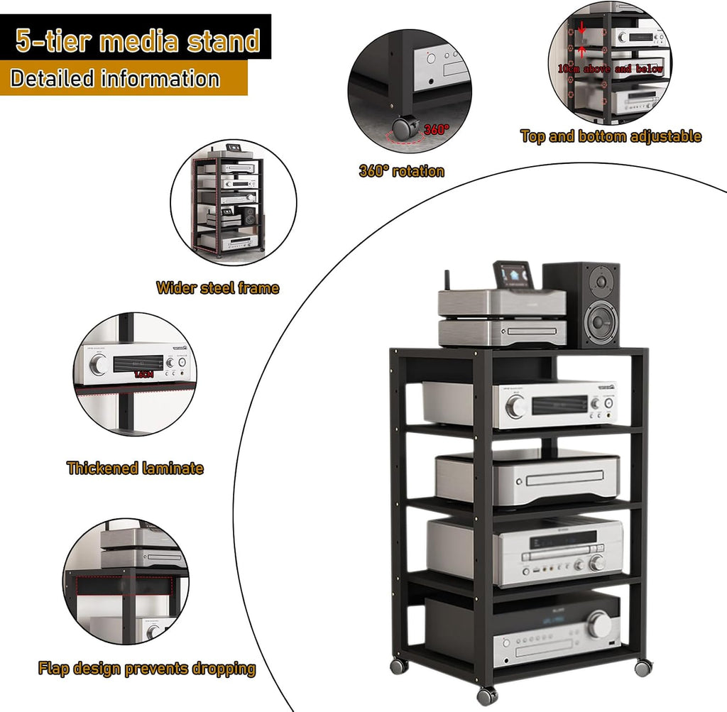 5 Tier Audio Rack Tower, CD Record Player Stereo Receiver AV Equipment Cabinet Display Rack, Weight Capacity 661 lbs, with Adjustable Wooden Shelves for Home (5 Tier Black)