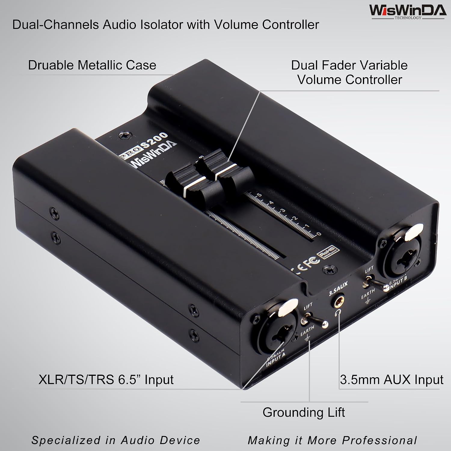 VS200 2Channels Pro XLR/AUX/TS/TRS Passive Hum Eliminator Box with Fader Variable Volume Controller for Audio Equipments Ground Loop Isolator Noise Filter for Different Audio Situation Using
