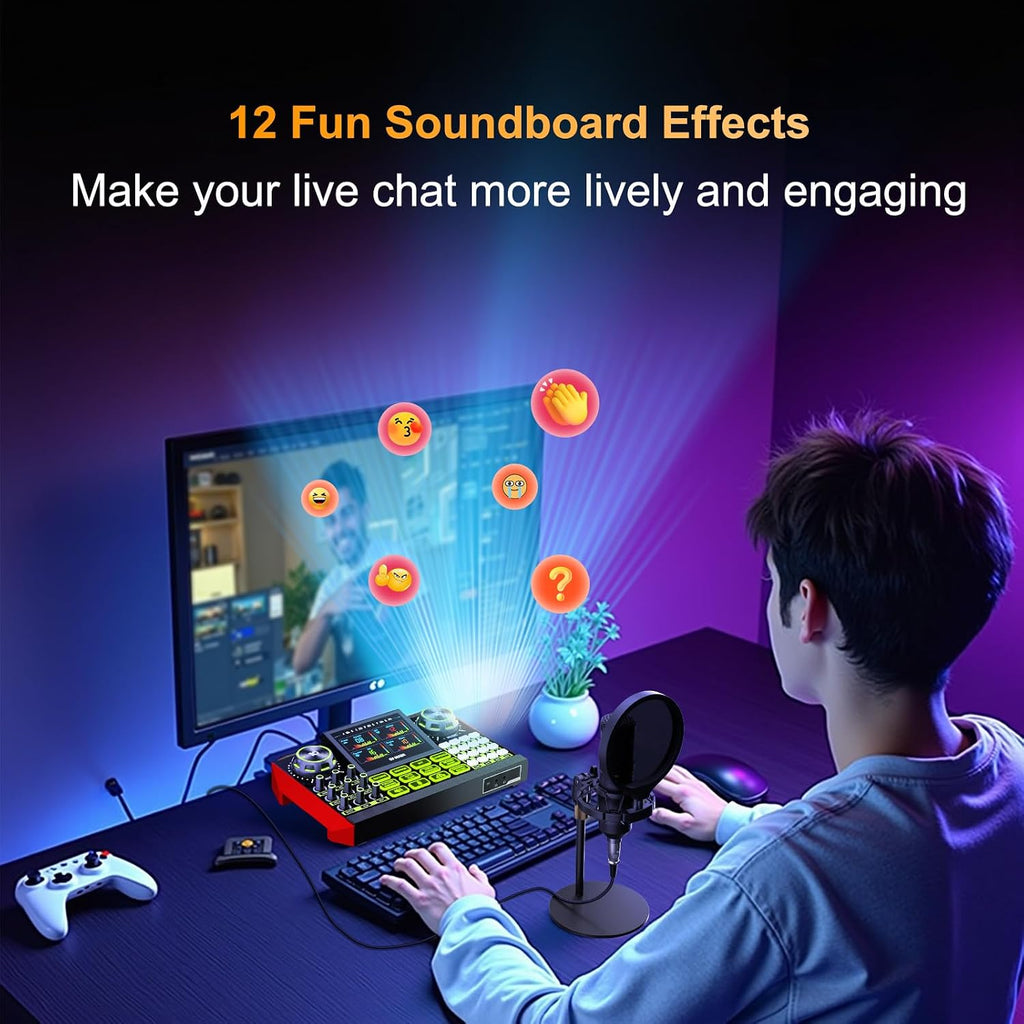 podcast equipment bundle, Live Sound Card with Audio Interface, All-in-One Audio Mixer with Voice Changer, Condenser Microphone for Live Streaming, Singing, Gaming, and Content Creation.