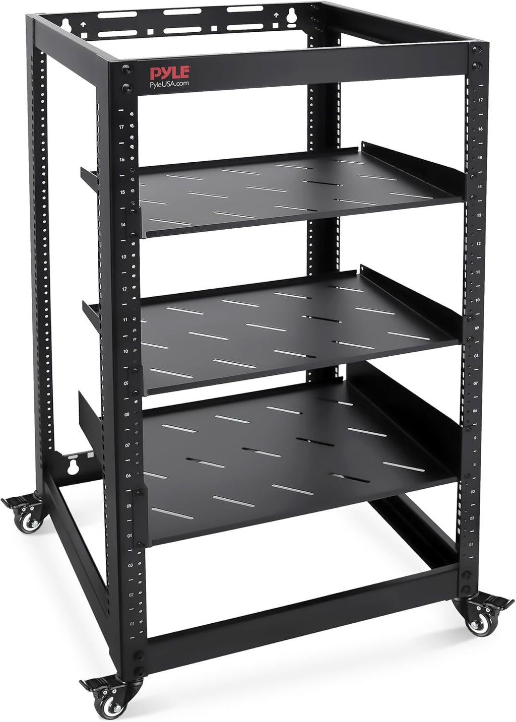 Pyle 20U Open Frame Server Rack - Wall Mount Network Rack for Servers, Networking & AV Gear - Heavy-Duty 19' Equipment, Includes 1U & 2U Vented Shelves for Airflow, Lockable Wheels - 440 lbs Capacity