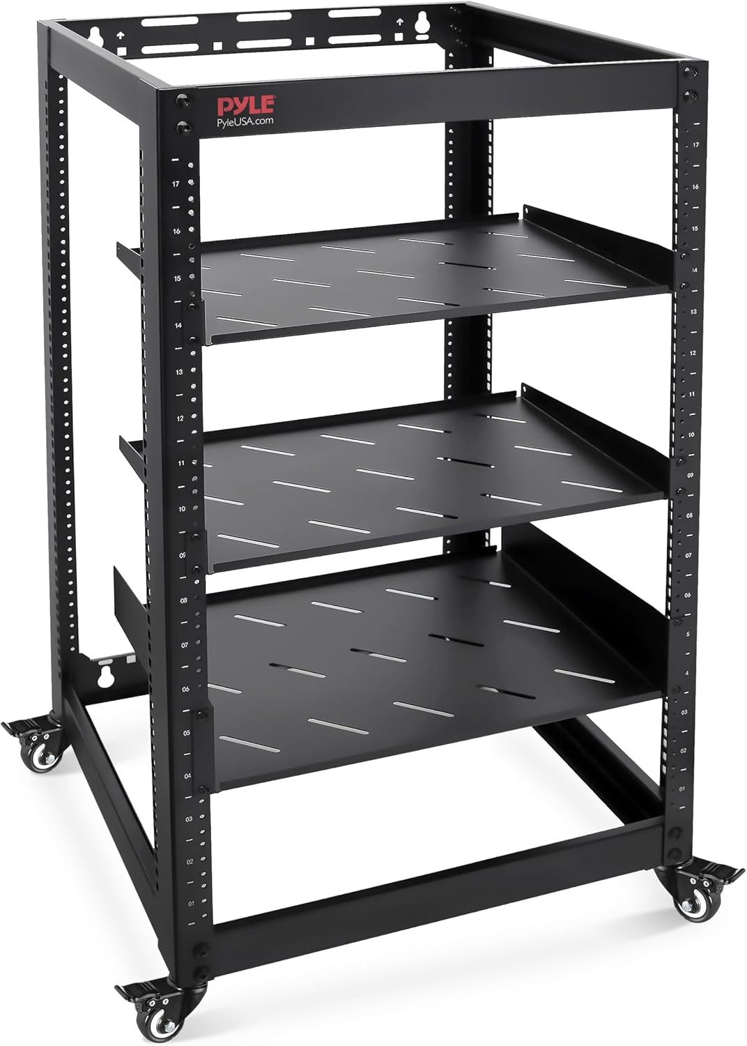 Pyle 20U Open Frame Server Rack - Wall Mount Network Rack for Servers, Networking & AV Gear - Heavy-Duty 19' Equipment, Includes 1U & 2U Vented Shelves for Airflow, Lockable Wheels - 440 lbs Capacity