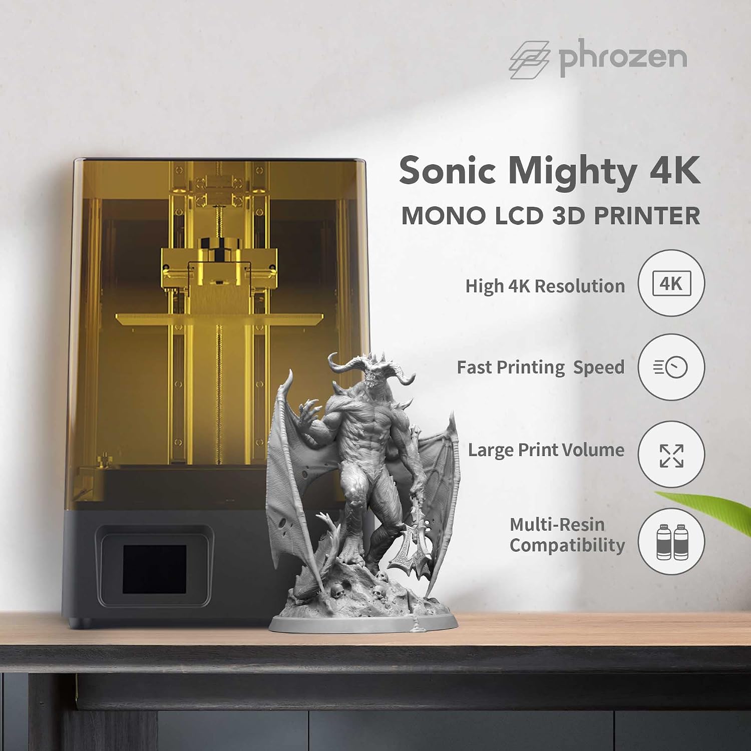 Phrozen Sonic Mighty 4K Large LCD Resin 3D Printer, L7.9 x W4.9 x H8.7 Printing Volume, 9.3' Mono LCD Screen & 22cm Z-axis, Matrix LED UV Light Tech, Large 3D Models, Miniatures,Tabletops