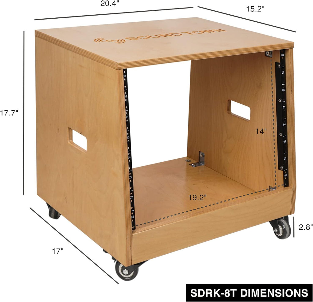 Sound Town DIY Solid Baltic Birch Plywood Slanted 8U Studio Rack, Golden Oak (SDRK-8T)