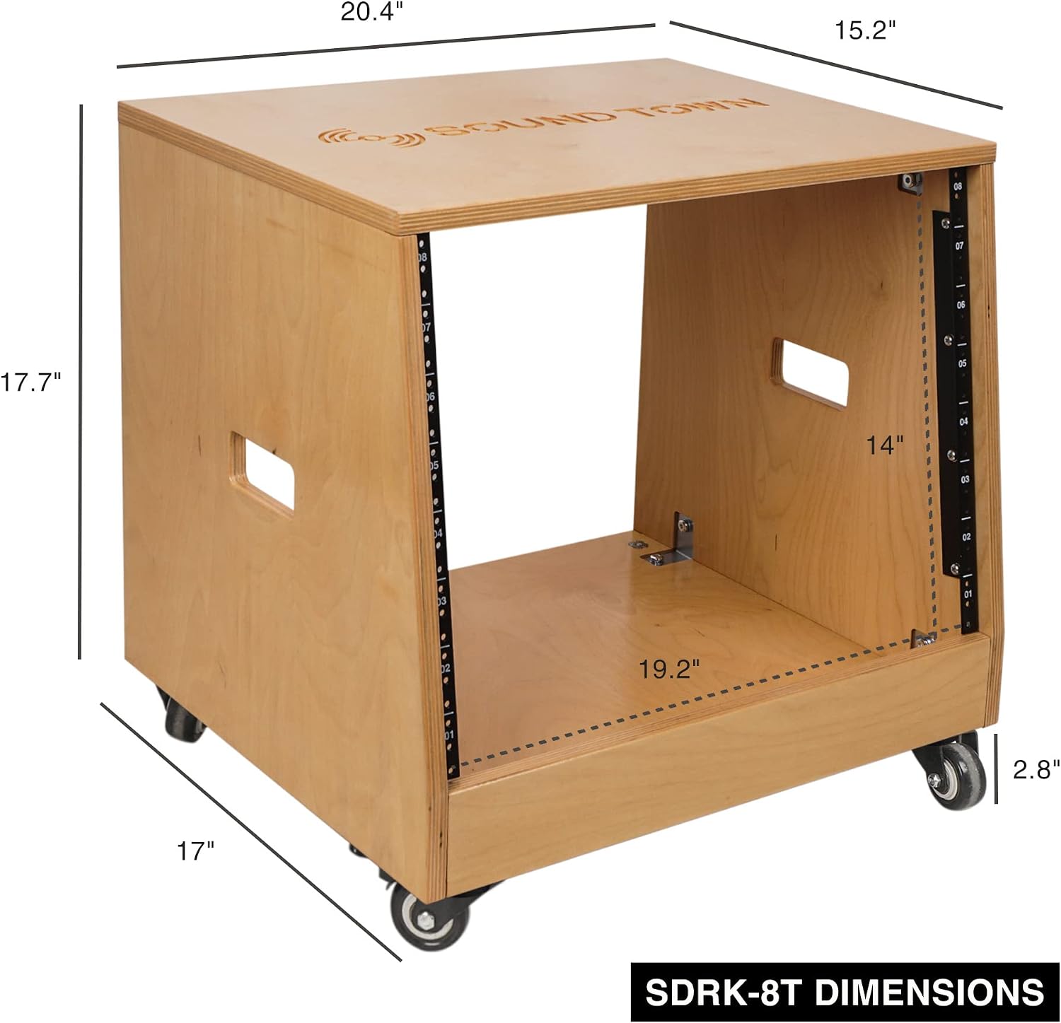 Sound Town DIY Solid Baltic Birch Plywood Slanted 8U Studio Rack, Golden Oak (SDRK-8T)