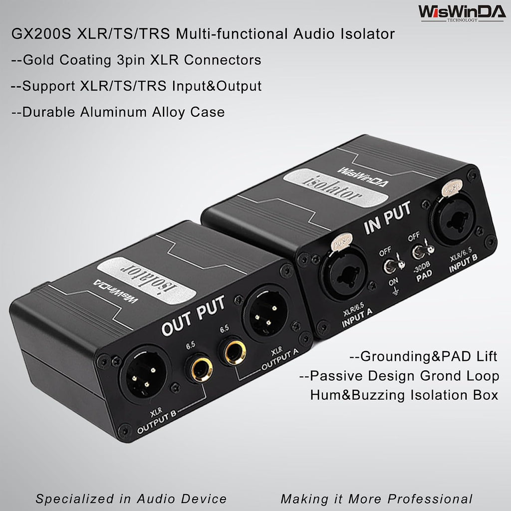Pro GX200S 2Channels XLR/TS/TRS Passive Hum Eliminator Direct Box for Audio Equipments Ground Loop Isolator Noise Filter for Different Audio Systems Using Situations