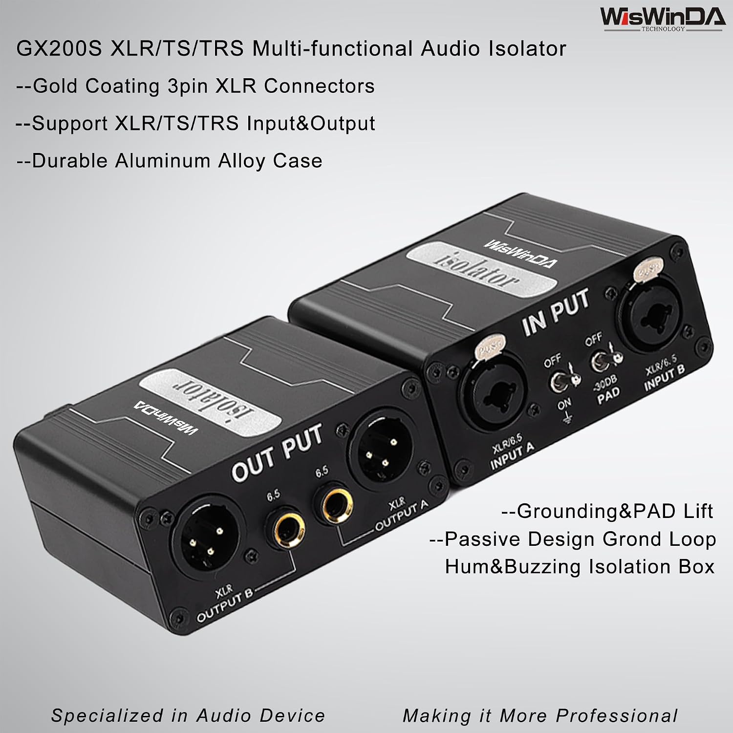 Pro GX200S 2Channels XLR/TS/TRS Passive Hum Eliminator Direct Box for Audio Equipments Ground Loop Isolator Noise Filter for Different Audio Systems Using Situations
