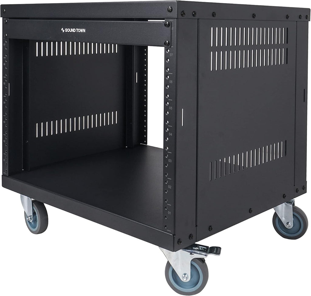 Sound Town 8U Universal Steel Rack, w/Mesh Doors, Locking Casters, Vented Side Panels for Audio Video, Server and Network Equipment (STRK-M8UWD)