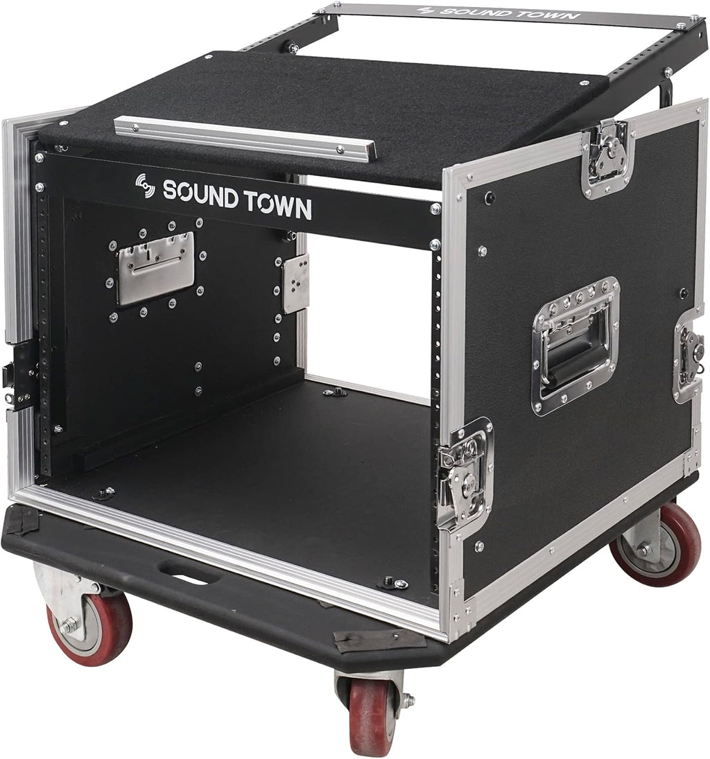 Sound Town Enhanced Thickness 1/2' (12mm) Plywood 8U Audio Rack/Road ATA Case with 11U Slant Mixer Top, 20'' Rackable Depth, Casters, 8 Space Size, Pro Tour Grade (STMR-8UW)