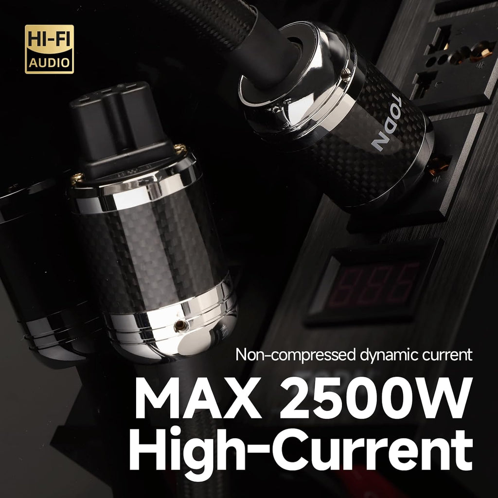 TODN HiFi Power Cable for Audiophile OCC-Cores Audio Power Cord with Carbon Fiber Shell, 24K Gold Plated 3 Prong Plug/IEC C15, Φ17.5mm, 4.9ft/1.5m