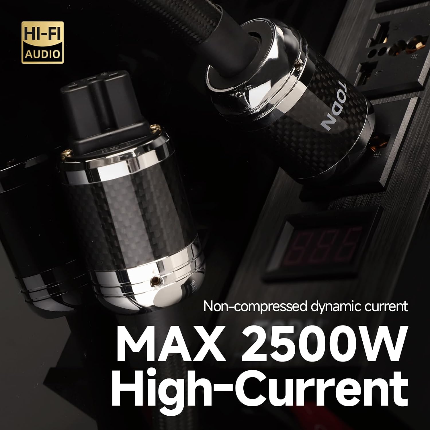 TODN HiFi Power Cable for Audiophile OCC-Cores Audio Power Cord with Carbon Fiber Shell, 24K Gold Plated 3 Prong Plug/IEC C15, Φ17.5mm, 4.9ft/1.5m