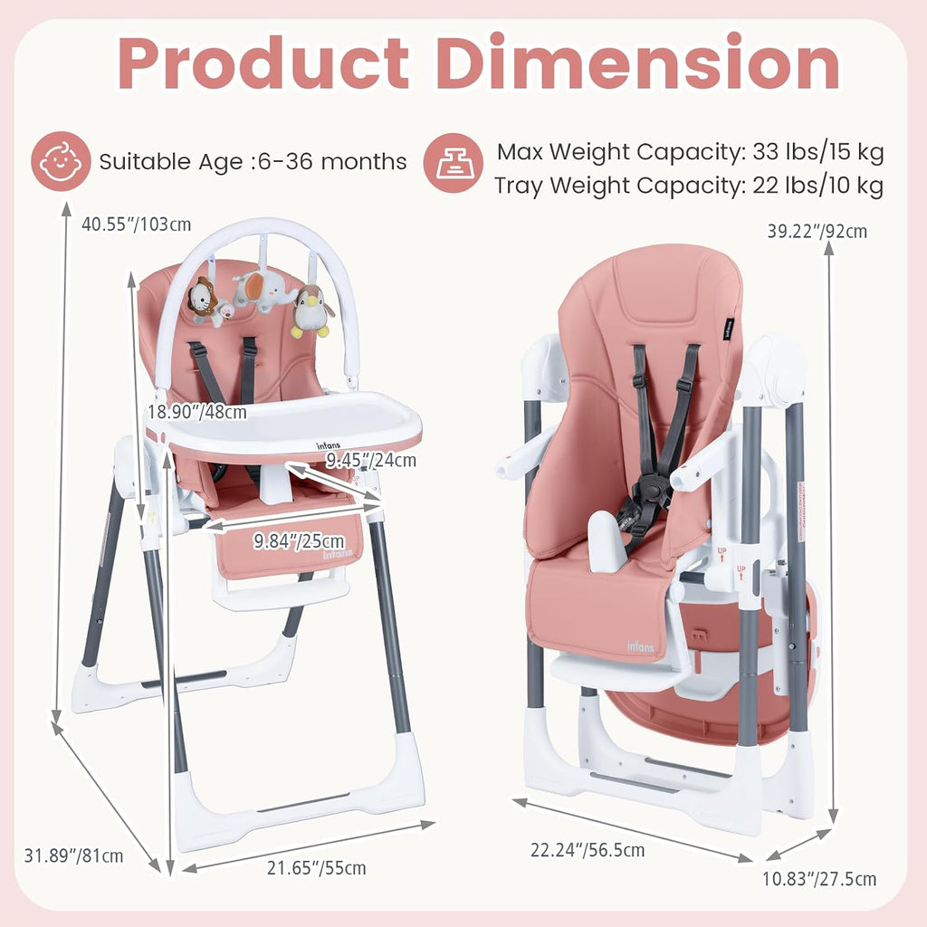 INFANS High Chair for Babies and Toddlers, Foldable Highchair with 7 Different Heights 4 Reclining Backrest Seat 3 Setting Footrest, Removable Tray Built-in Rear Wheels with Locks