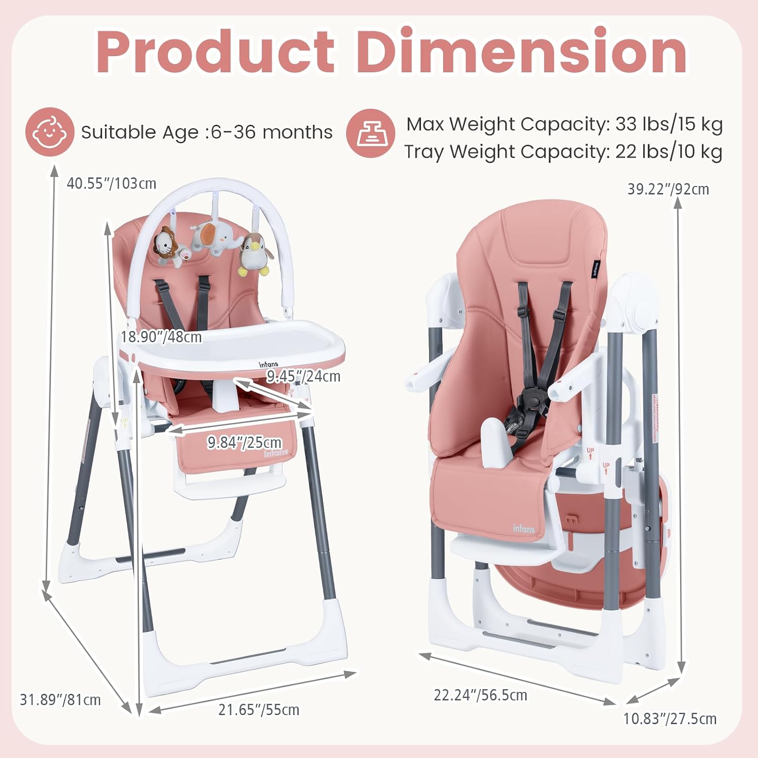 INFANS High Chair for Babies and Toddlers, Foldable Highchair with 7 Different Heights 4 Reclining Backrest Seat 3 Setting Footrest, Removable Tray Built-in Rear Wheels with Locks