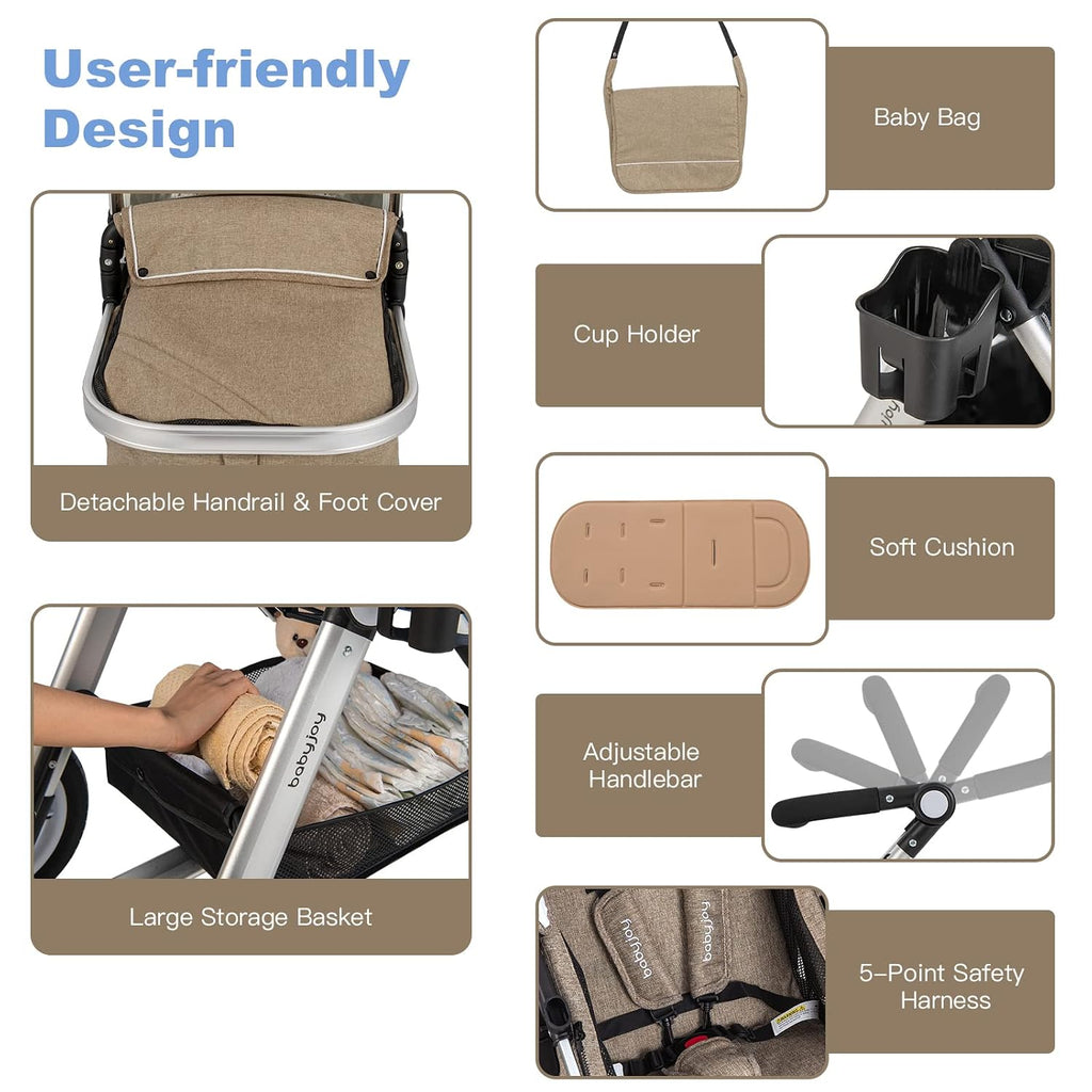 BABY JOY Baby Stroller, 2-in-1 Convertible Bassinet Reclining Stroller, Foldable Pram Carriage with 5-Point Harness, Including Cup Holder, Foot Cover, Diaper Bag, Aluminum Structure, Khaki