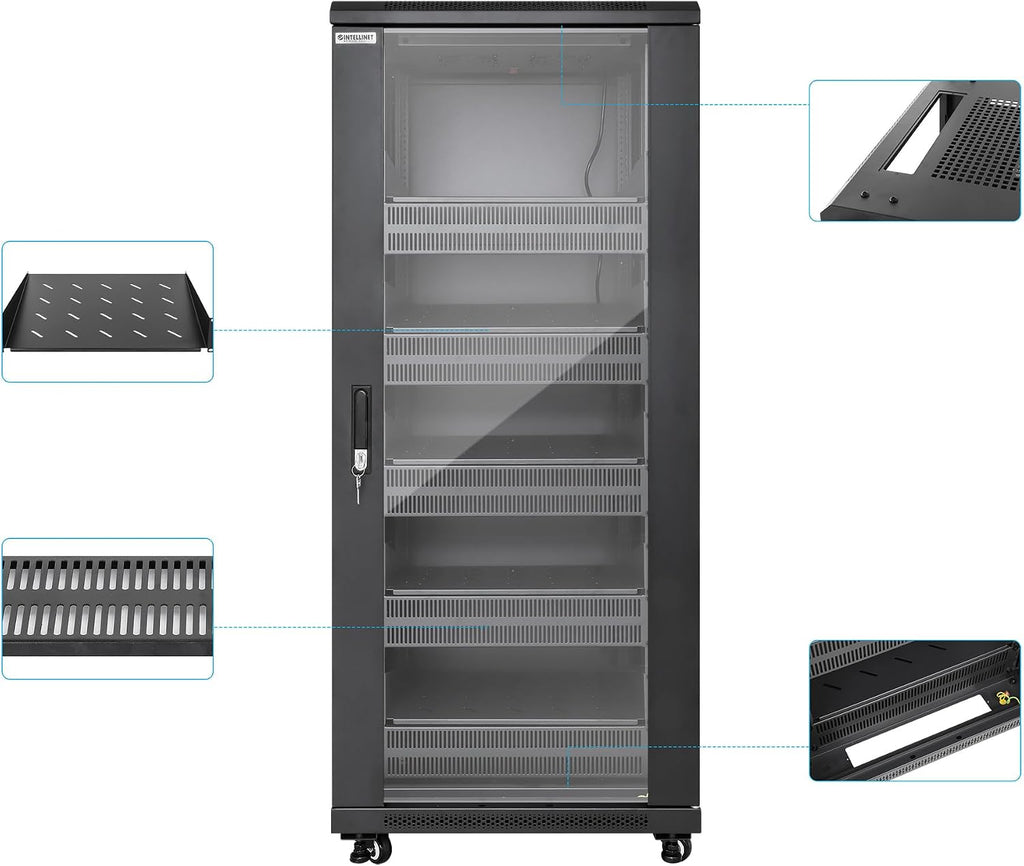 Intellinet 27U Network Server Rack Enclosure Cabinet with Integrated Fans – IP20 Rated, Reversible Tempered-Glass Front Door, Removable Side Panels – 3 Yr Mfg Warranty