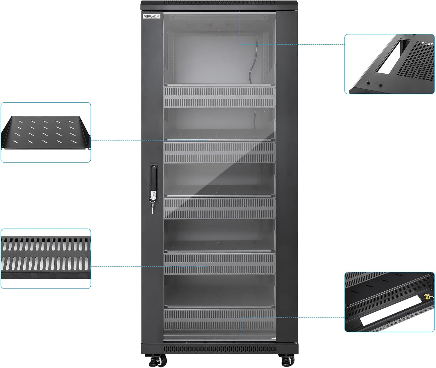 Intellinet 27U Network Server Rack Enclosure Cabinet with Integrated Fans – IP20 Rated, Reversible Tempered-Glass Front Door, Removable Side Panels – 3 Yr Mfg Warranty