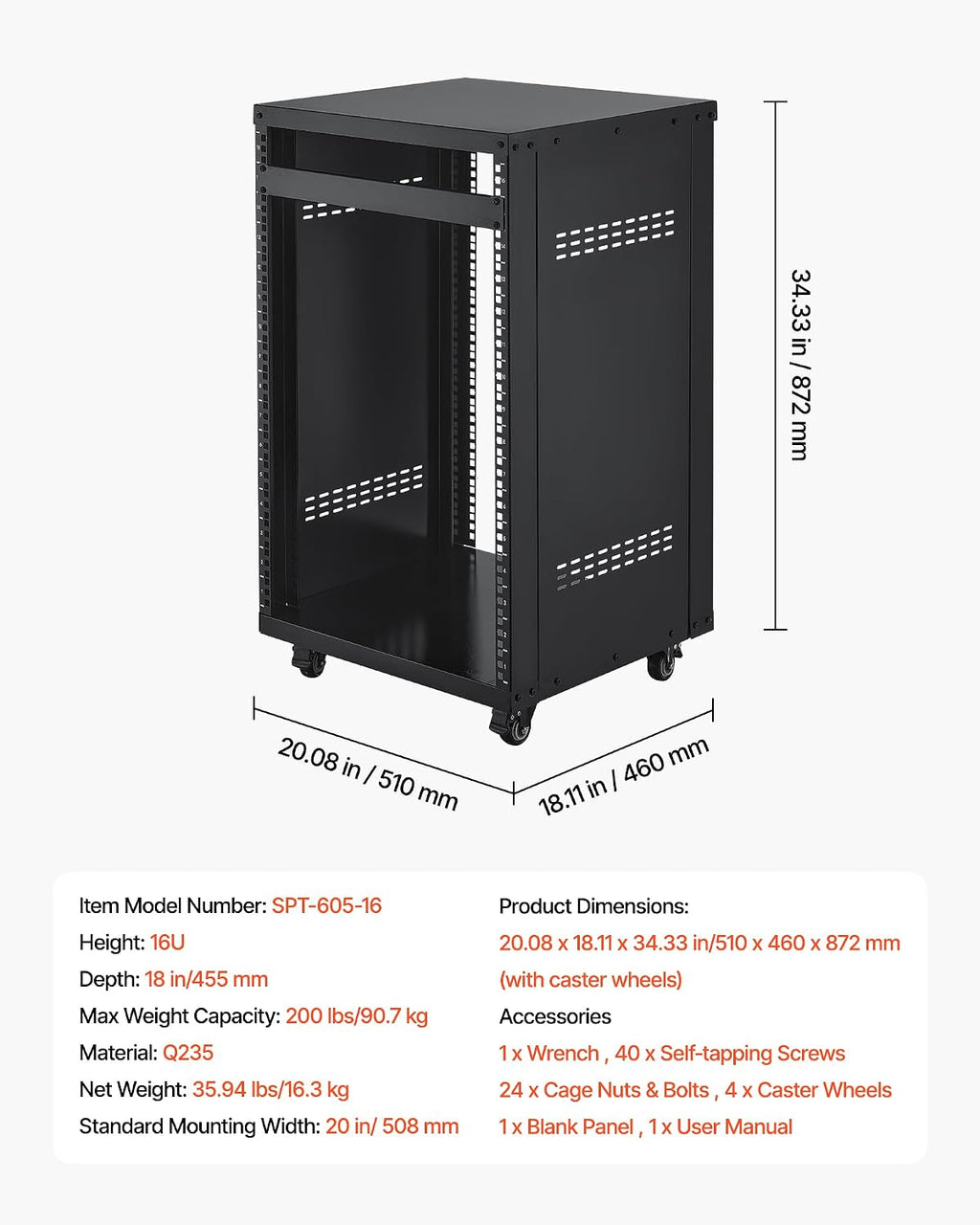 VEVOR 16U AV Rack, Recording Studio Rack Cabinet, Open Frame Server Rack with Locking Caster Wheels, Removable Side Panels & Vent Design for 19' Network, Audio, Video, IT & Network Equipment Mounting