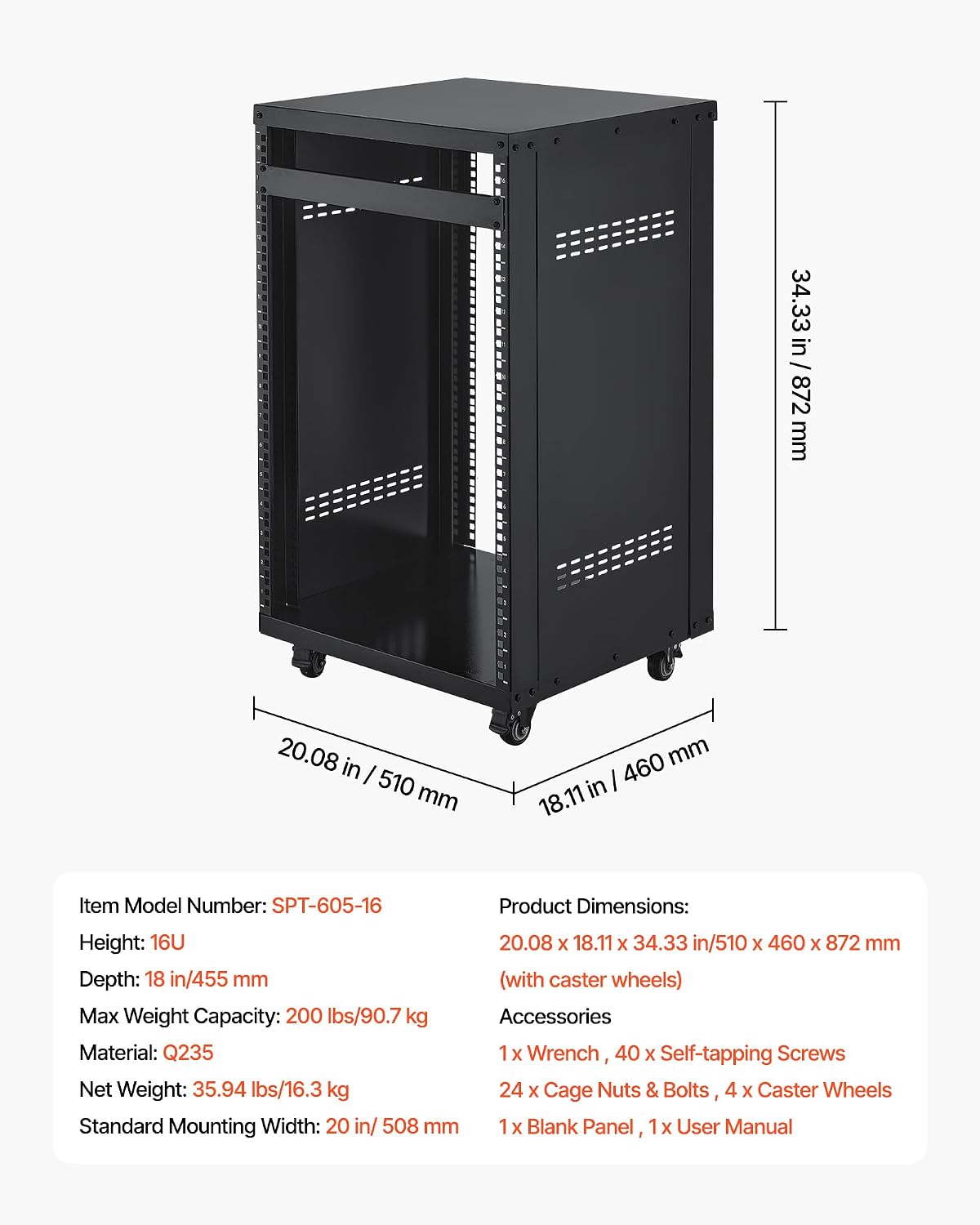 VEVOR 16U AV Rack, Recording Studio Rack Cabinet, Open Frame Server Rack with Locking Caster Wheels, Removable Side Panels & Vent Design for 19' Network, Audio, Video, IT & Network Equipment Mounting