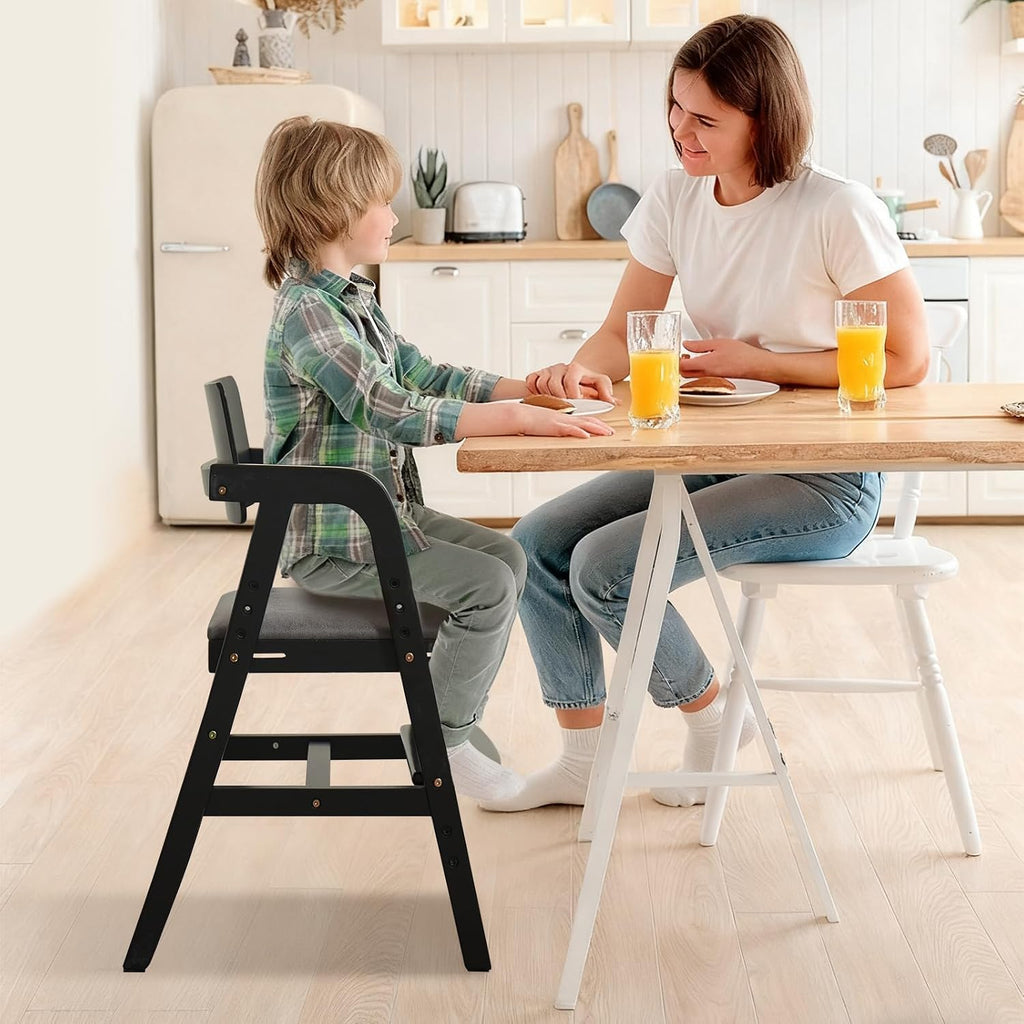 Wooden High Chair for Toddlers and Baby, Adjustable Toddler Dining Chair Grows with Kid, Ergonomic Baby HighChair for Babies, Wipe Clean Skin-Friendly Cushion, for Home & Restaurant - Black