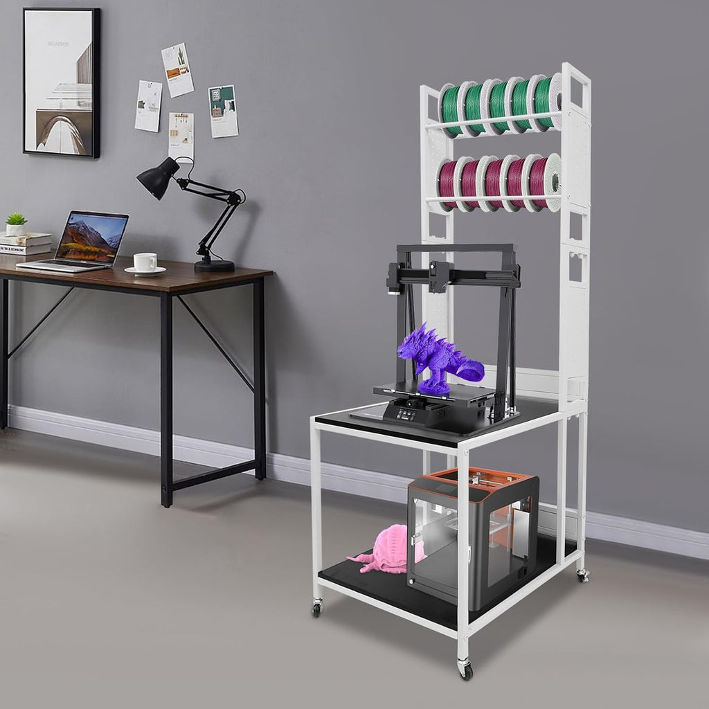 3D Printer Stand with Double Layer Printer Filament Storage Rack, Heavy Duty Mobile Table with 4 Wheels for Workshop Studio Office (White)