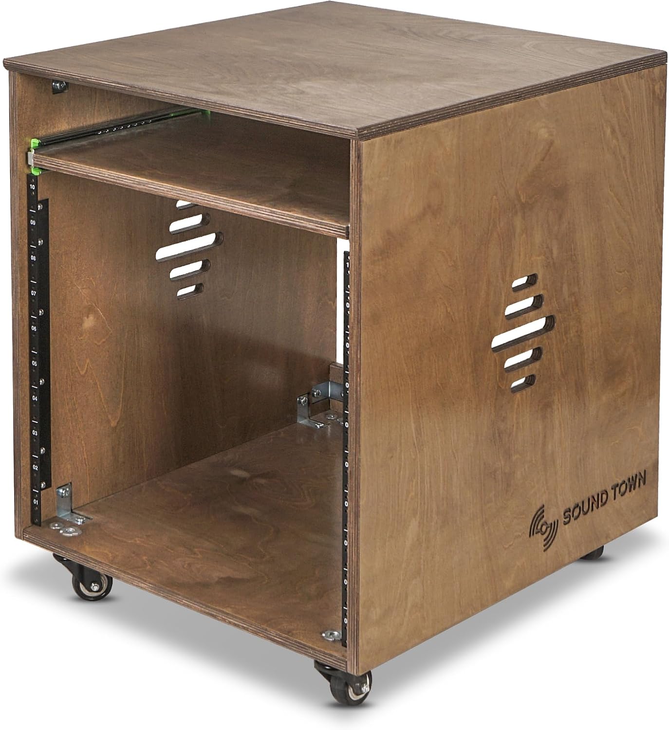 Sound Town 10U Solid Baltic Birch Plywood Studio Rack Desk with Slide-Out Tray, Rubber Feet, Casters, for Recording, Podcasts, Broadcasts, Streaming, Weathered Brown (SDRK-ST10B)