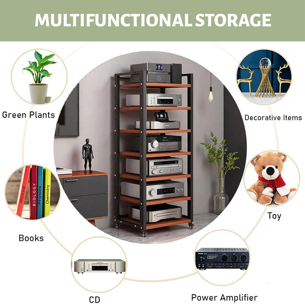 7-tier Av Media Stand, Audio Rack With Adjustable Shelves, Stereo Racks And Stands With Wheels, Stereo Rack For Home, Office, Theater(B)