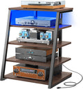 Armocity 5-Tier AV Media Stand with Power Strips, Media Console with LED Lights, Audio Tower Rack with Adjustable Shelves, Stereo Stands and Racks, 40.8'', Black Walnut