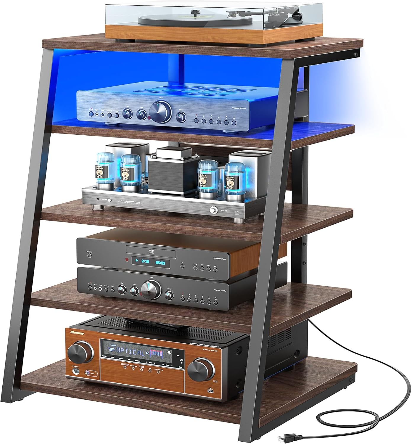 Armocity 5-Tier AV Media Stand with Power Strips, Media Console with LED Lights, Audio Tower Rack with Adjustable Shelves, Stereo Stands and Racks, 40.8'', Black Walnut
