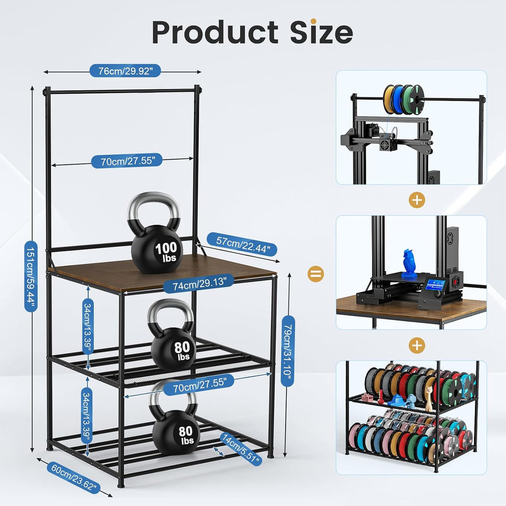 3D Printer Stand with Filaments Storage, 29.13'L x 22.44'W 3D Printer Table Filament Organizer Spools Holder Racks with Removable Basket, Hold Spool PLA, ABS, PETG for Workshop Studio Office (Brown)