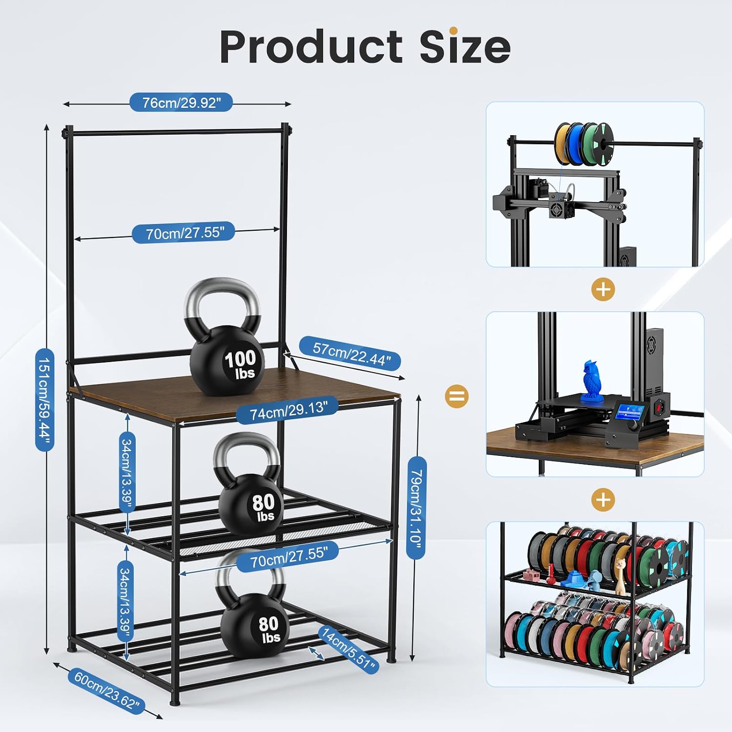 3D Printer Stand with Filaments Storage, 29.13'L x 22.44'W 3D Printer Table Filament Organizer Spools Holder Racks with Removable Basket, Hold Spool PLA, ABS, PETG for Workshop Studio Office (Brown)