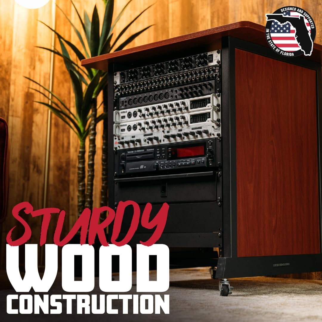 Gator Frameworks Rok-It Studio Series 14U Wood Rack Cabinet with Casters and Leveling Feet, Black (RI-STRK-14U-BLK)