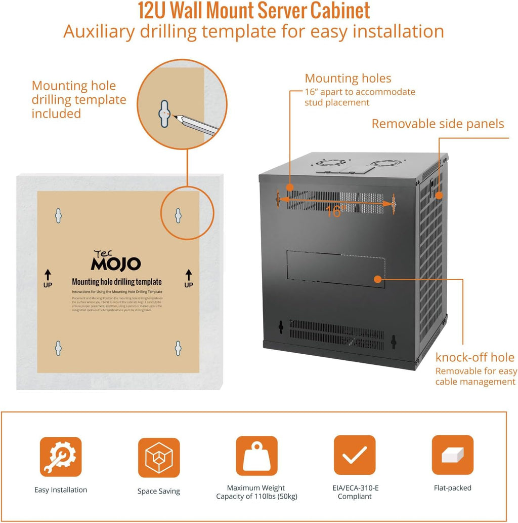 Tecmojo 12U Wall Mount Rack Network Cabinet for 19' IT Equipment,with Lockable Mesh Door and Removable Side Panels,Cooling Fan,Black,17.7inch Deep