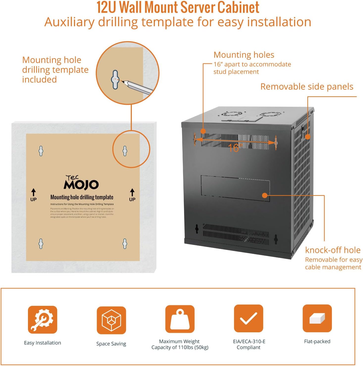 Tecmojo 12U Wall Mount Rack Network Cabinet for 19' IT Equipment,with Lockable Mesh Door and Removable Side Panels,Cooling Fan,Black,17.7inch Deep